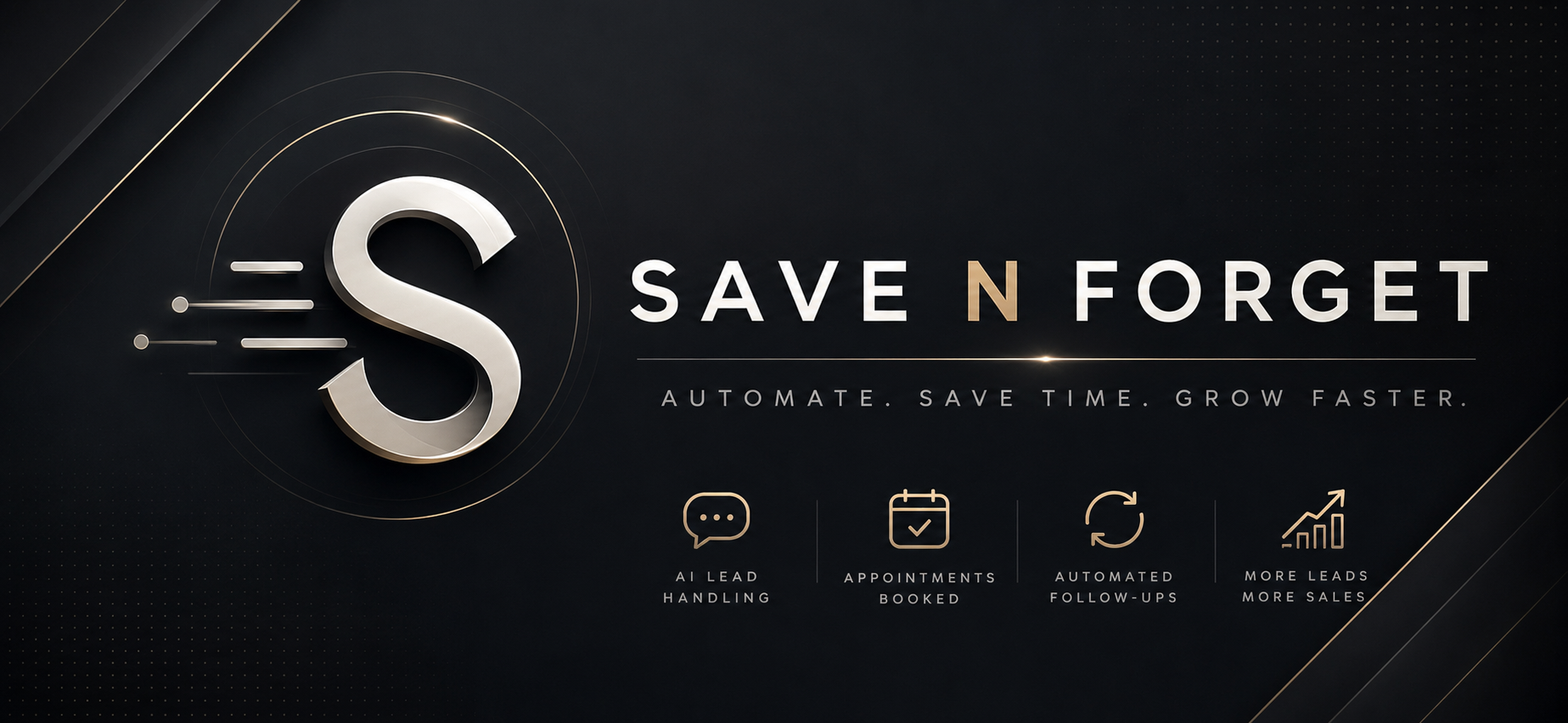 Save N Forget metallic S logo. Automate. Save time. Grow faster.